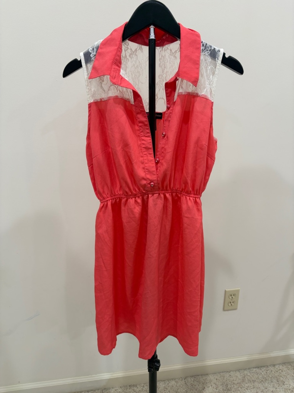 Coral Lace-Shoulder Sleeveless Shirt Dress